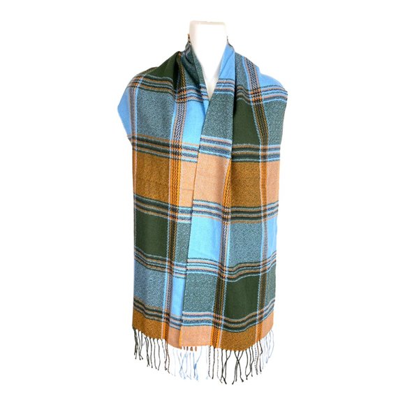100% Cashmere made in Scotland plaid scarf wrap Fringe hem blue Orange Green - Picture 4 of 6